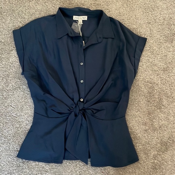 She + Sky Tops - Dark Blue Tie Front Collar Blouse